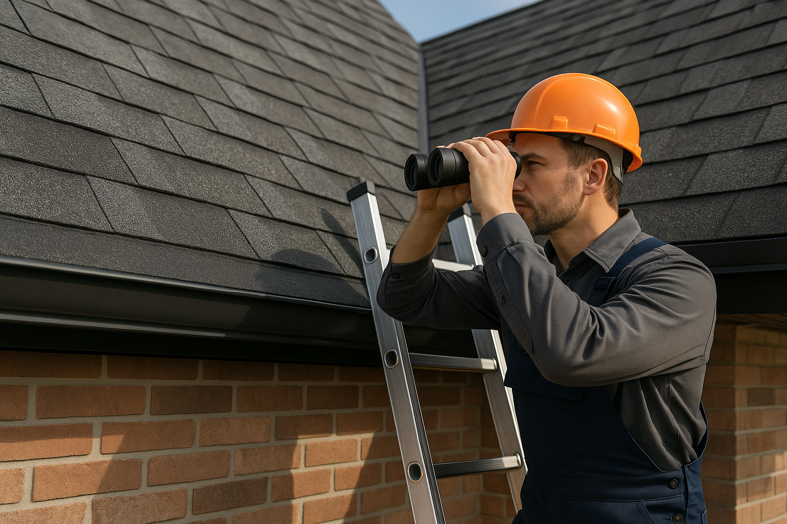 A professional roofer on a ladder inspecting the roof with binoculars, focusing on the shingles and flashing