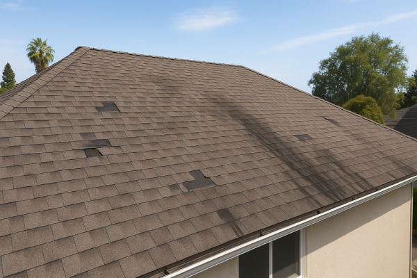 An aerial view of a residential roof with visible signs of wear, such as missing shingles and dark streaks, against a bright California sky