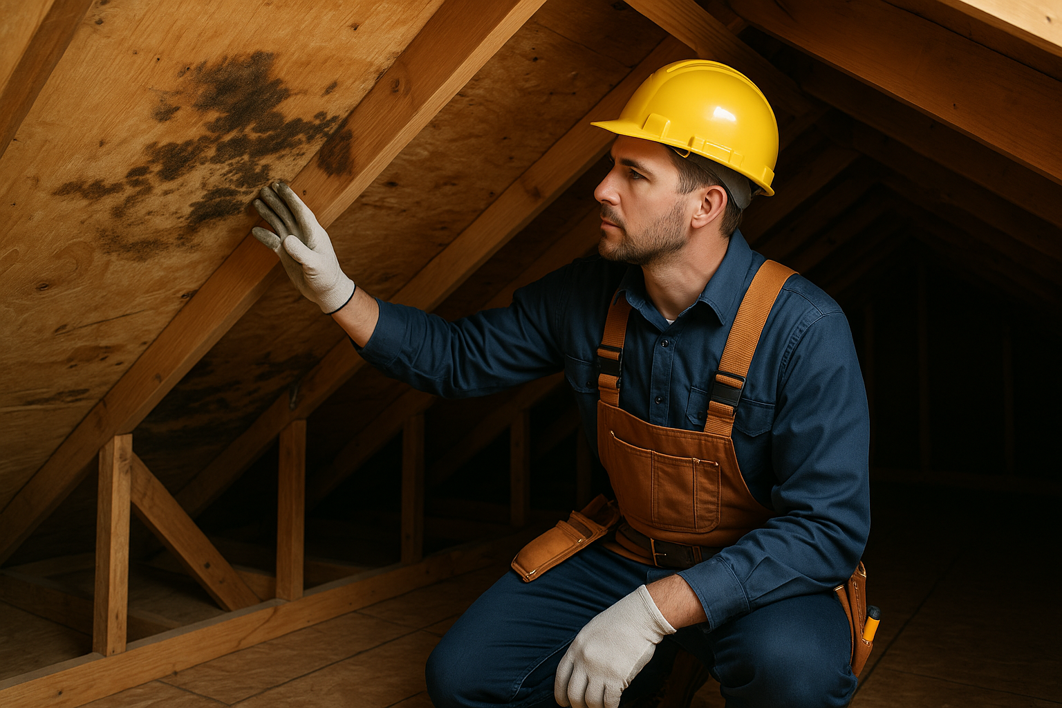A professional roofer inspecting a residential attic, looking at water stains and mold patches