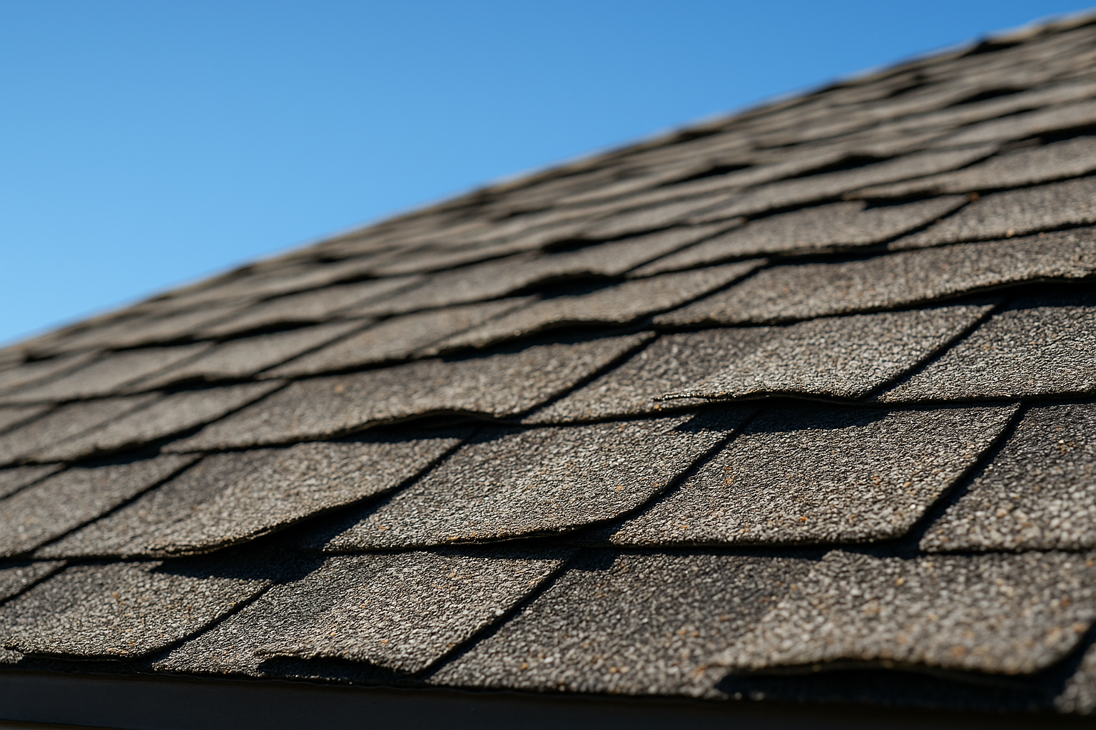 Close-up of asphalt shingles with sun damage and curling edges under a clear blue sky