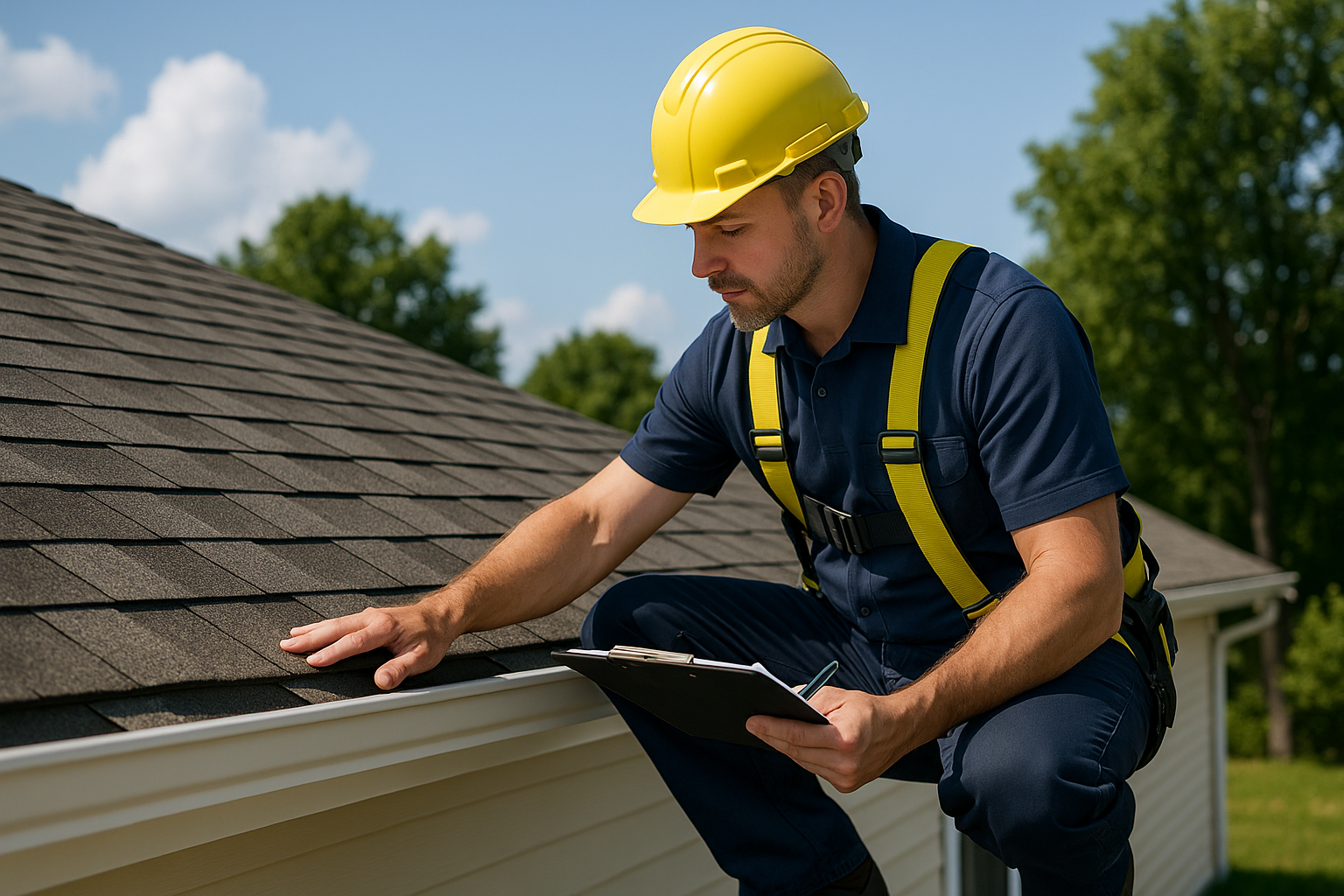 A professional roofer conducting a thorough inspection on a residential roof with a clipboard and safety gear