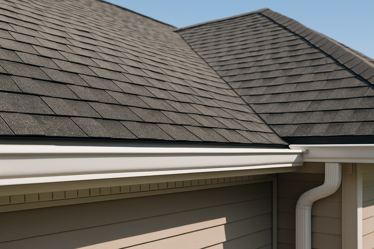 A close-up of a well-maintained roof with new shingles and clean gutters, showcasing proper preventative care