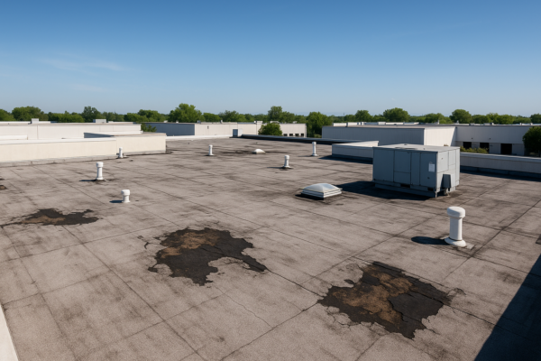 A panoramic view of a commercial roof with visible signs of wear and damage under a clear blue sky