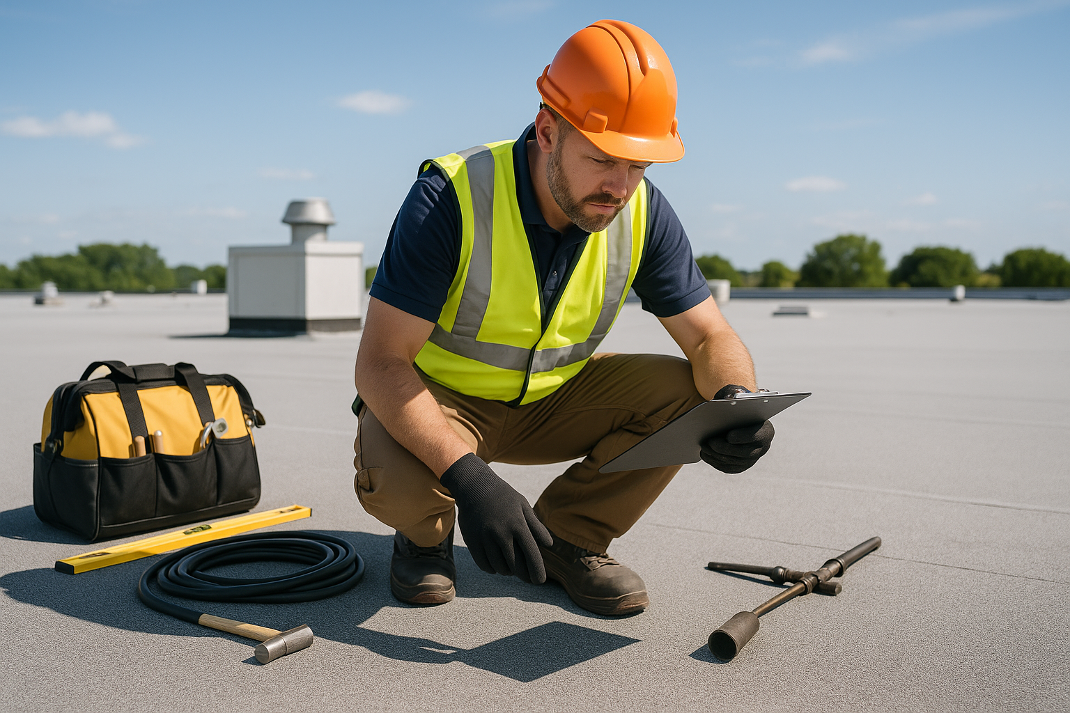 A professional roofer inspecting a commercial flat roof with various tools and safety equipment on a sunny day