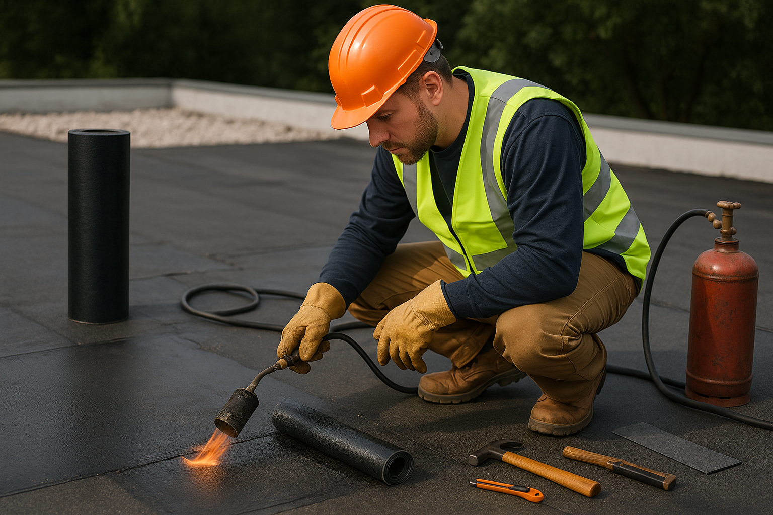 A close-up of a professional roofer repairing a flat roof with safety gear, surrounded by roofing tools and materials