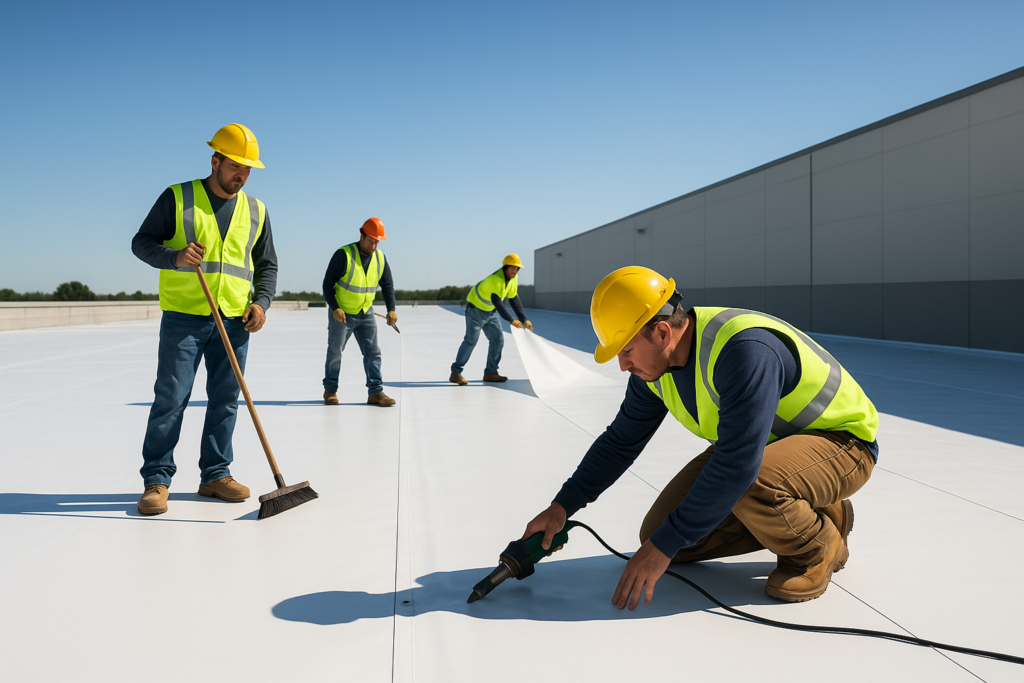 A team of roofers installing a commercial TPO roofing system on a warehouse roof under clear blue skies