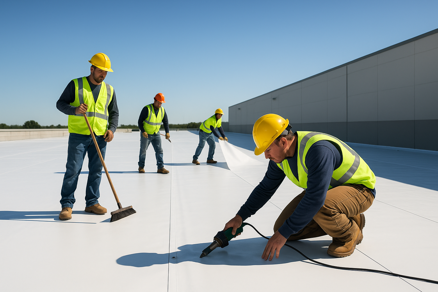 A team of roofers installing a commercial TPO roofing system on a warehouse roof under clear blue skies