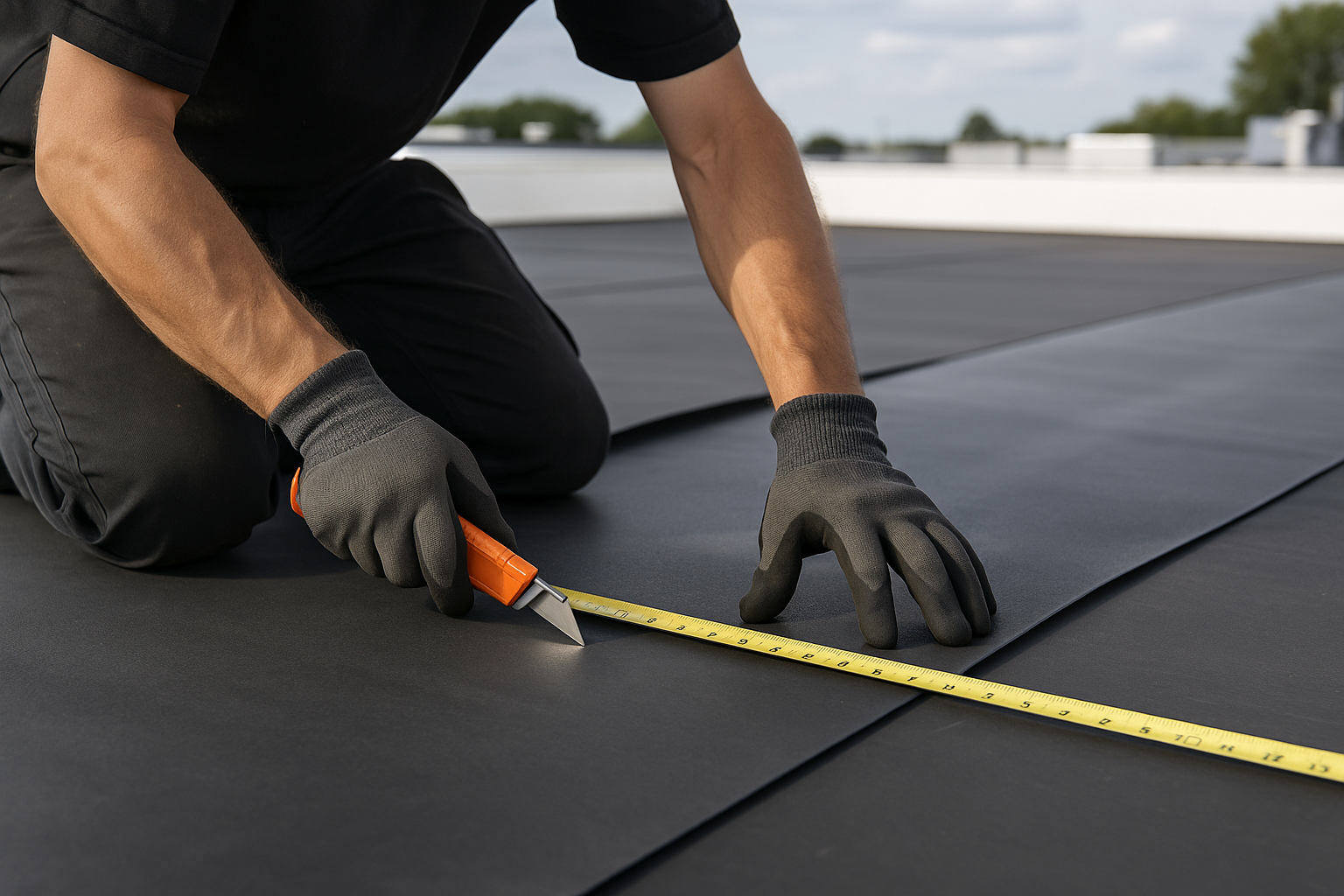 Close-up of a roofer's hands measuring and cutting EPDM membrane on a flat commercial roof