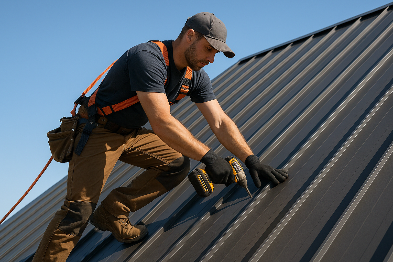 A professional roofer standing on a steep metal roof, securing panels on a clear day