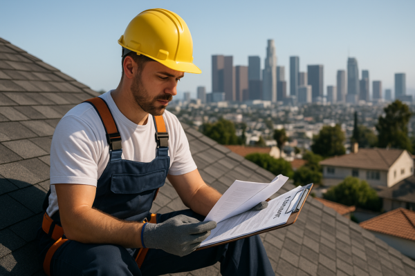A professional roofer reviewing insurance documents on a rooftop with the Los Angeles skyline in the background