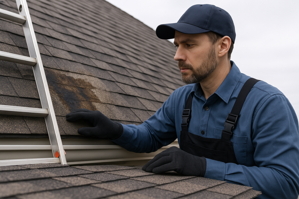 A professional roofer inspecting a roof with water damage, standing on a ladder, with visible roof shingles in the foreground
