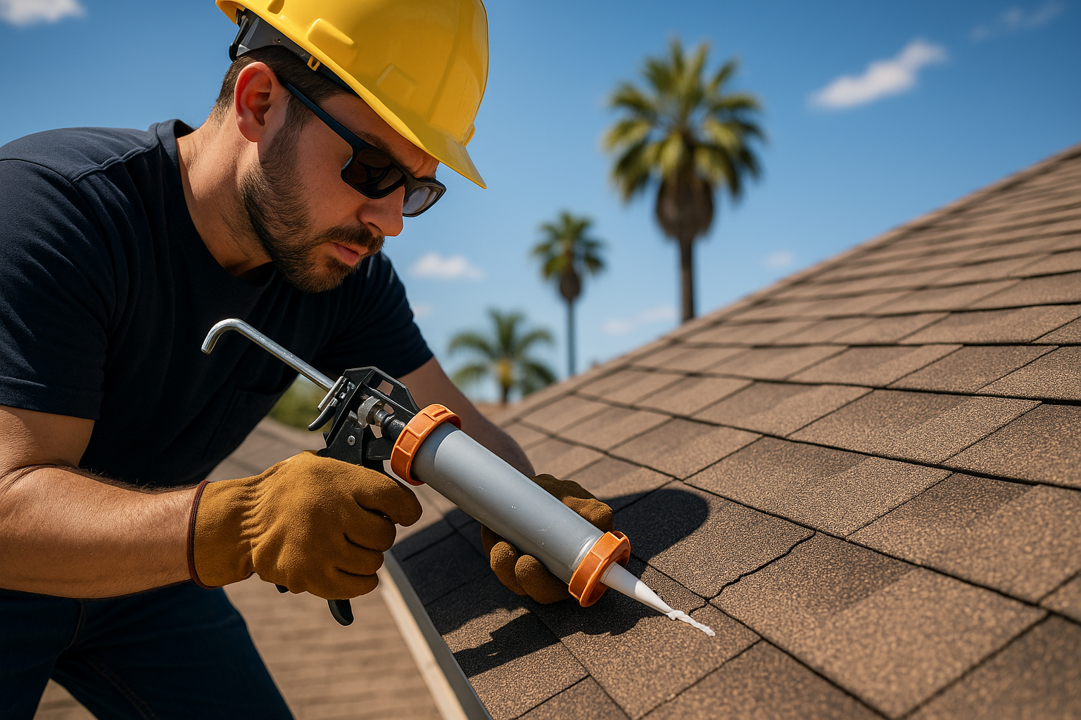 Close-up of a roofer applying sealant to a cracked shingle under a sunny California sky