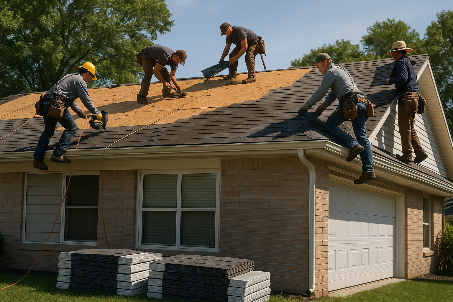 A team of roofers working on a complete roof replacement on a residential home, with stacks of new shingles visible on the ground