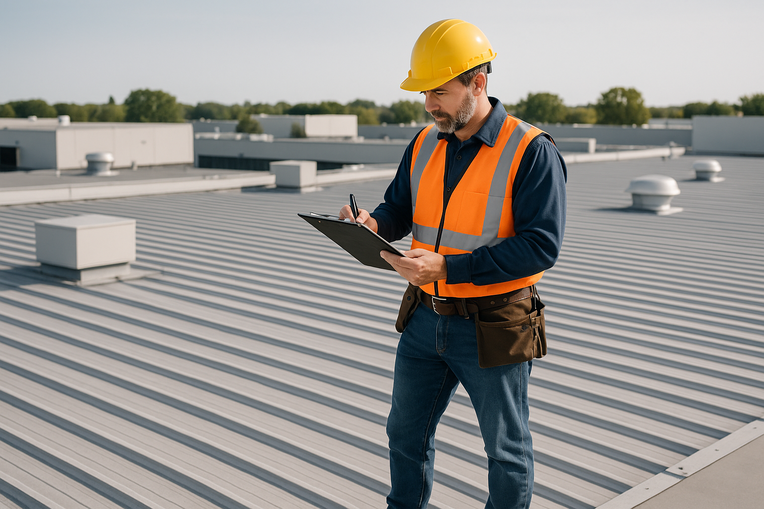 An experienced roofing contractor inspecting a large commercial roof with a clipboard, wearing safety gear