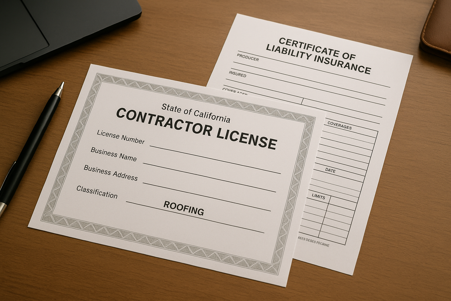 Close-up of a California contractor license and liability insurance certificate on a desk