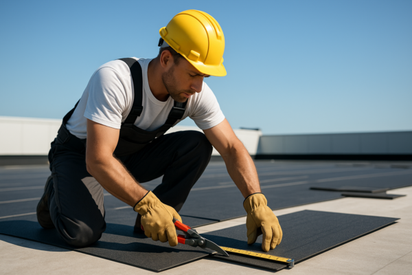 A professional roofer measuring and cutting roofing materials on a commercial building roof under clear blue skies