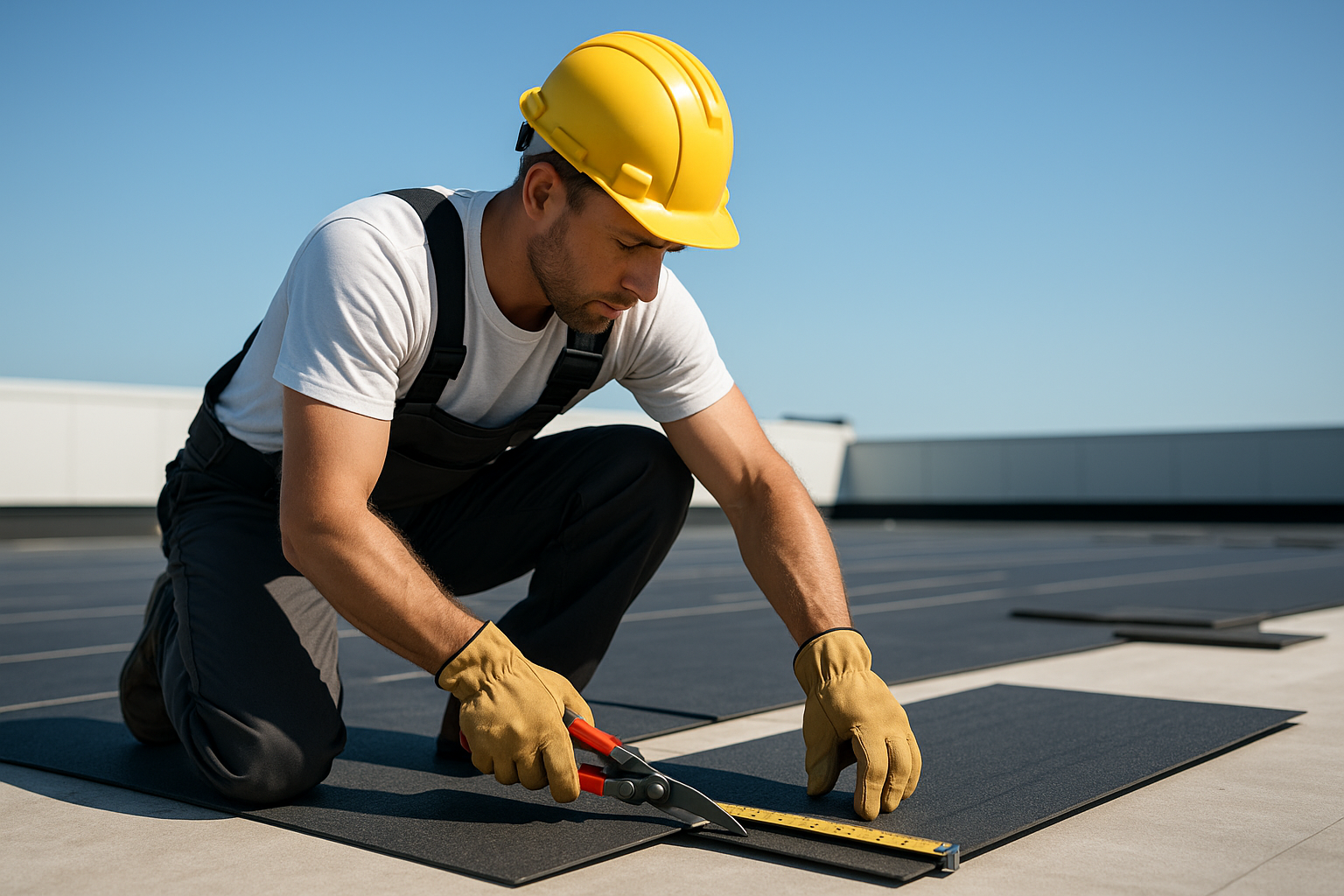 A professional roofer measuring and cutting roofing materials on a commercial building roof under clear blue skies