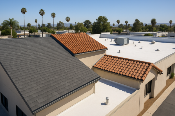 Aerial view of a commercial building with different types of roofing materials on a sunny day in Southern California