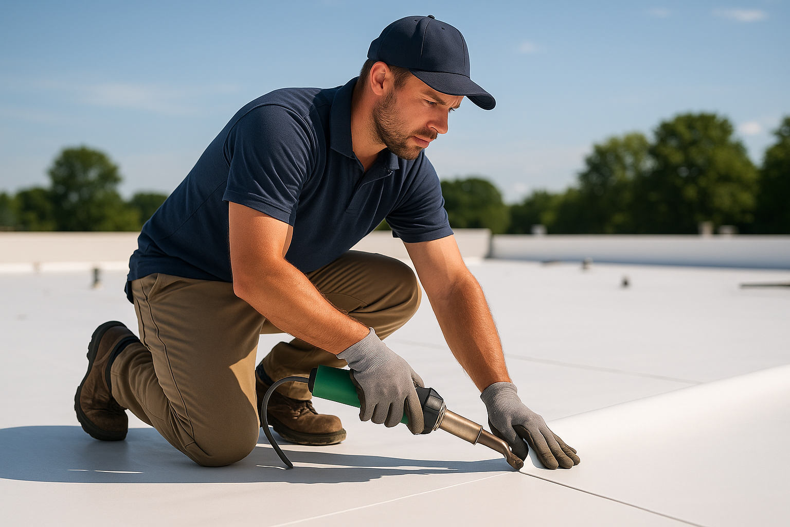 A professional roofer installing TPO membrane on a flat commercial roof on a sunny day