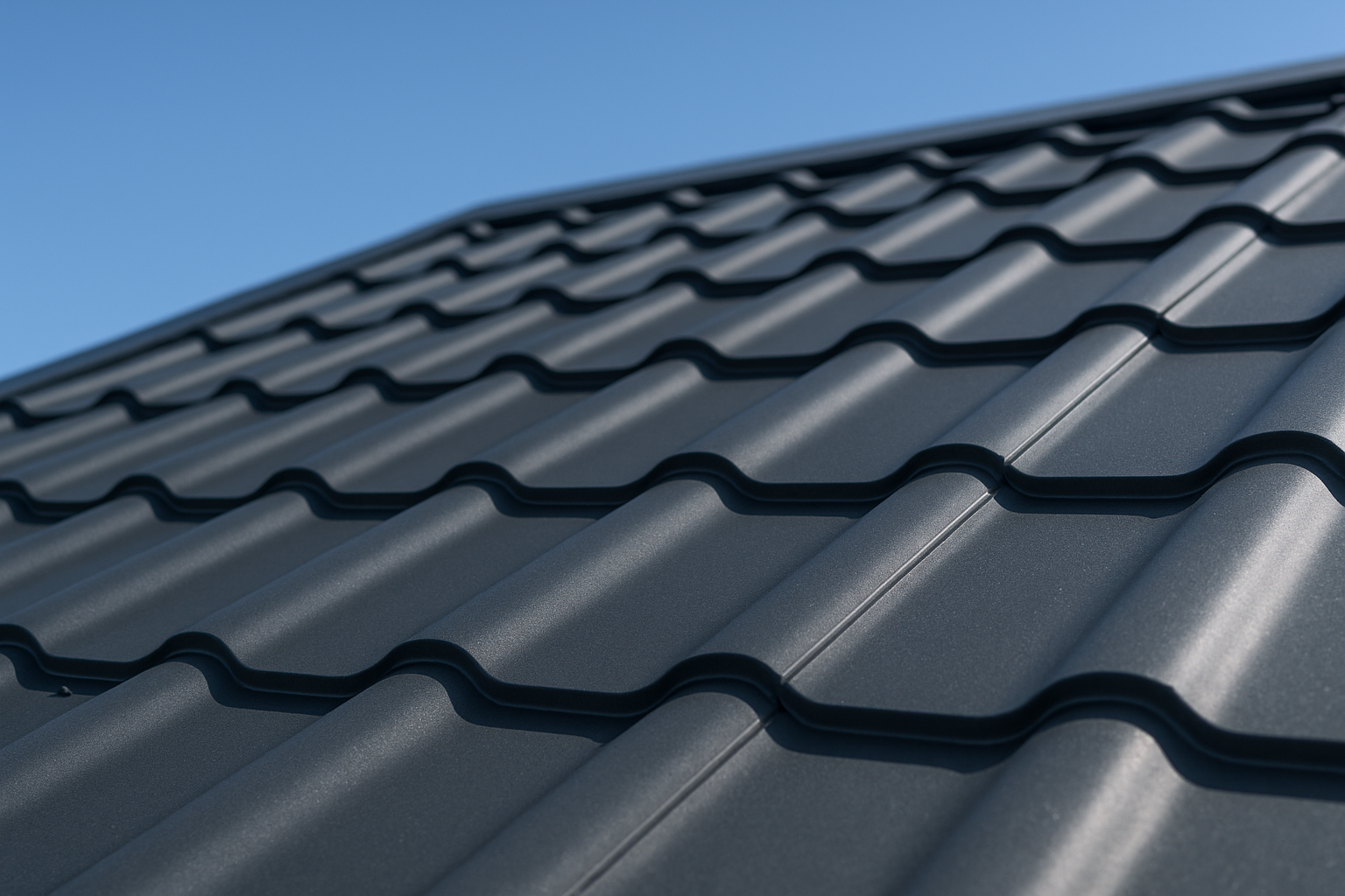 Close-up of a metal roof with secure interlocking panels under a clear blue sky