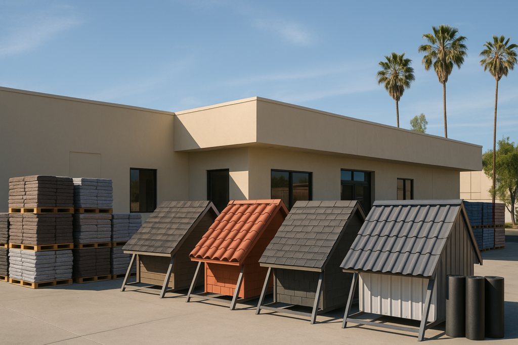 A view of a local roof repair supply store with a variety of roofing materials displayed outside on a sunny California day
