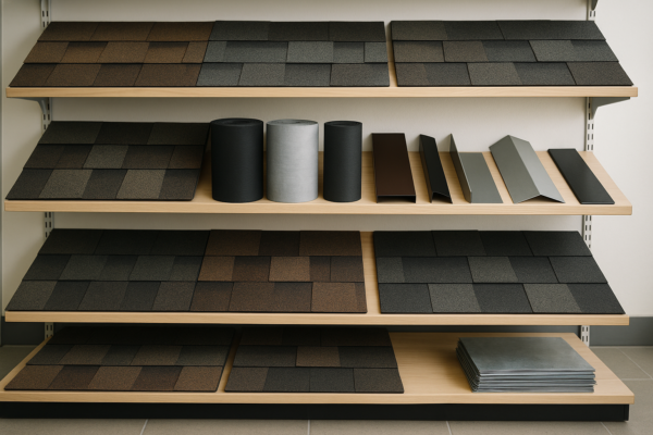 A variety of roofing materials displayed on shelves in a local supply store, including shingles, underlayment, and flashing