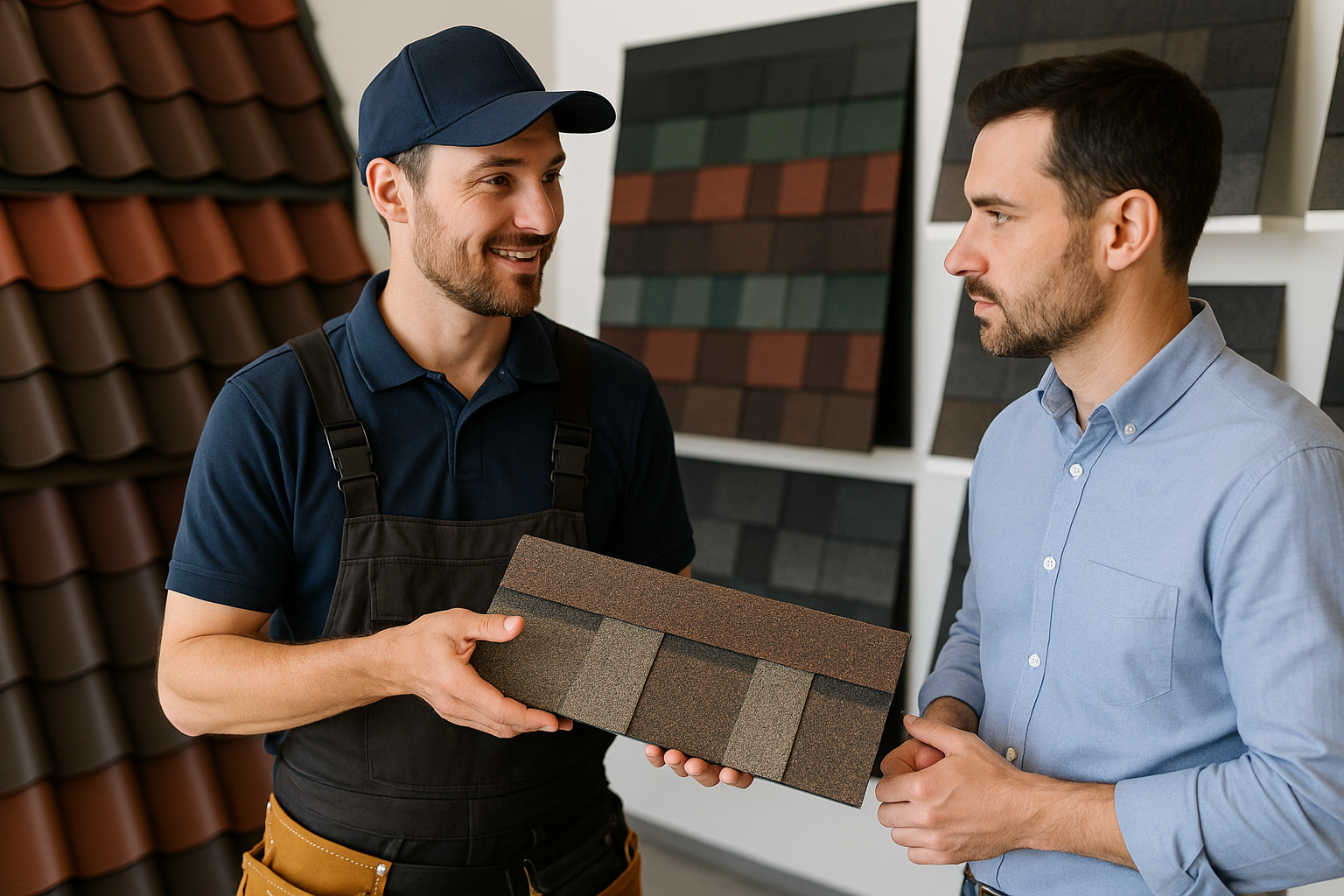 A professional roofer discussing material options with a customer in a local supply store, with various roofing samples visible