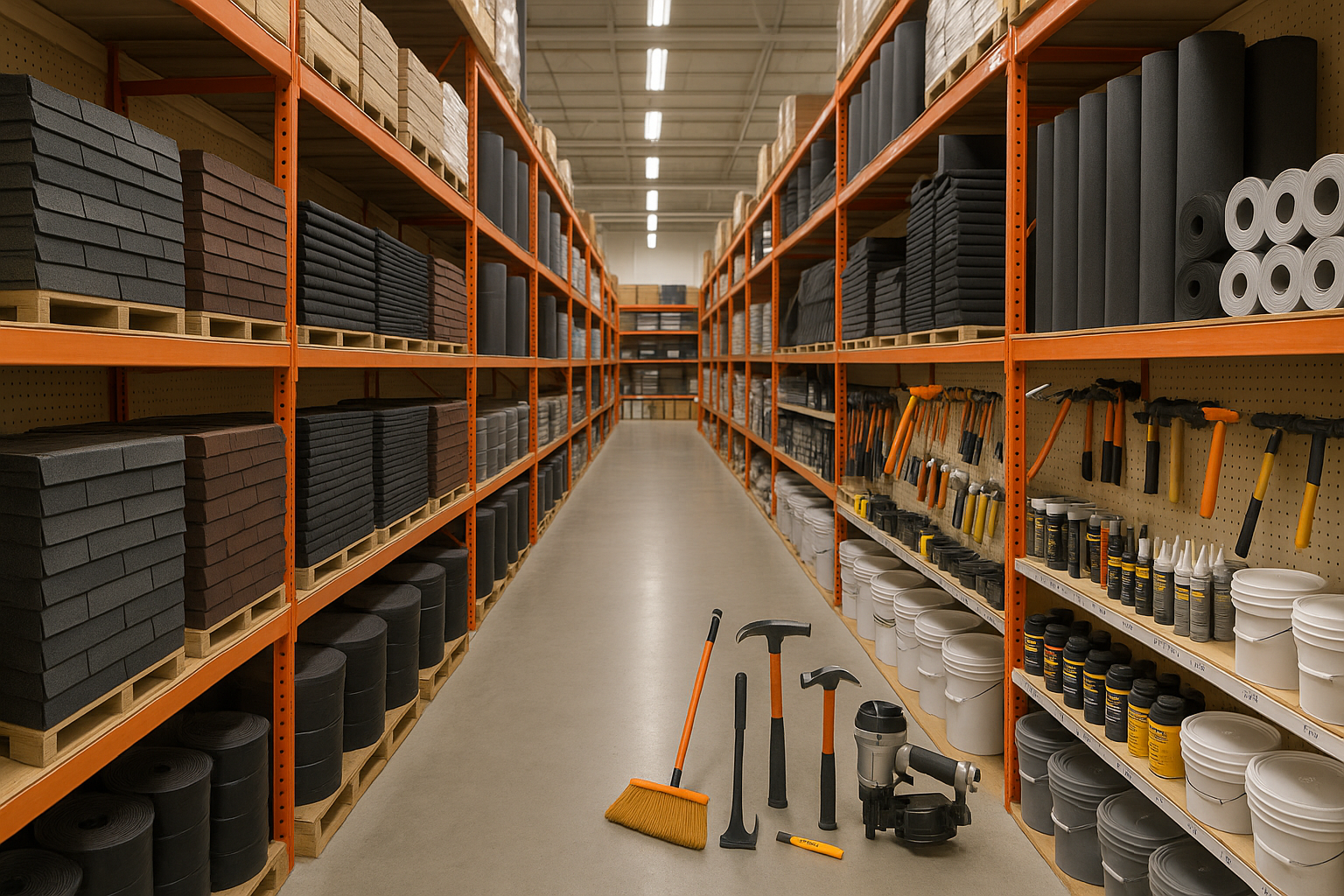 A well-organized national chain store aisle with a wide variety of roofing materials and tools neatly displayed