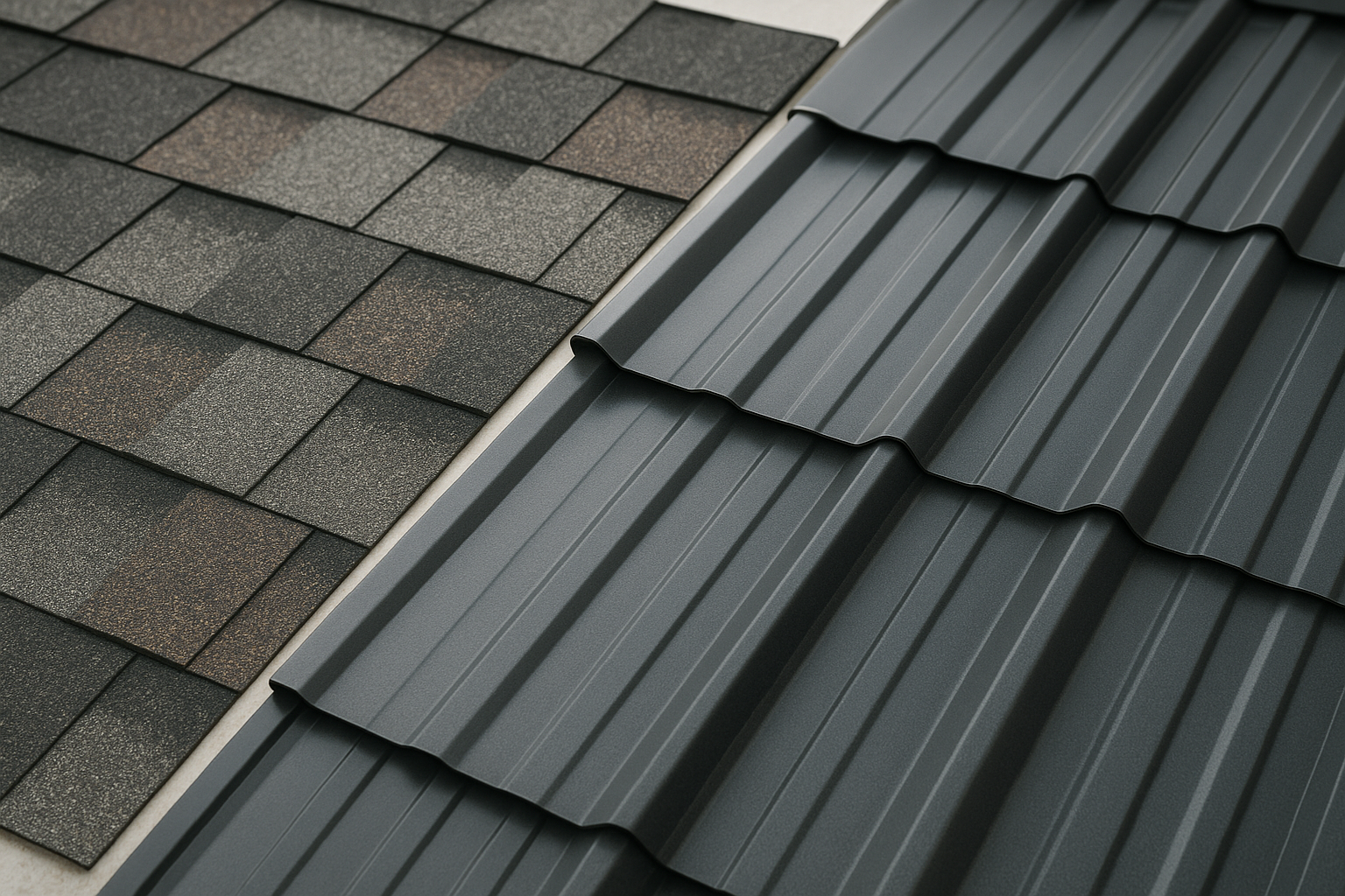 Close-up of various roofing materials, including asphalt shingles and metal panels, laid out for comparison