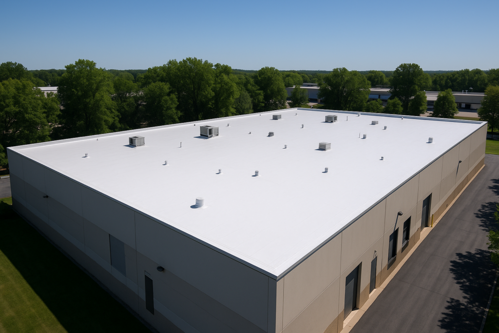 Aerial view of a large commercial building with a pristine white TPO roofing membrane on a clear day