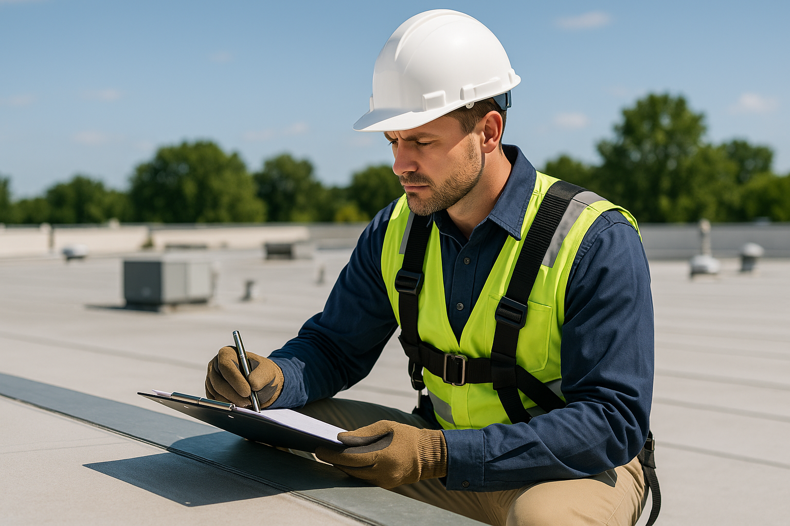 A professional roofer examining a commercial roof with a clipboard and safety gear on a sunny day