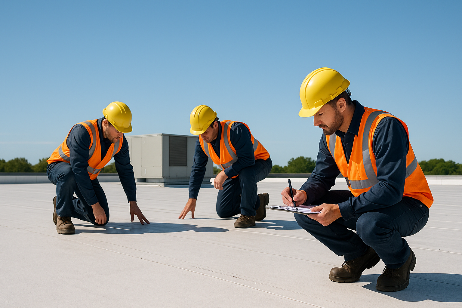 A team of professional roofers performing a detailed inspection on a large commercial roof under clear skies