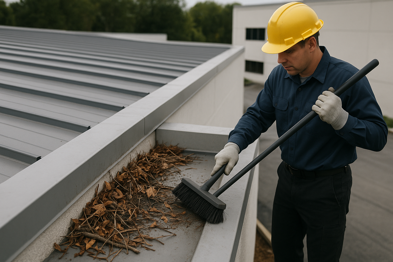 A close-up of a commercial roof with debris buildup, including leaves and twigs, being cleaned by a maintenance professional