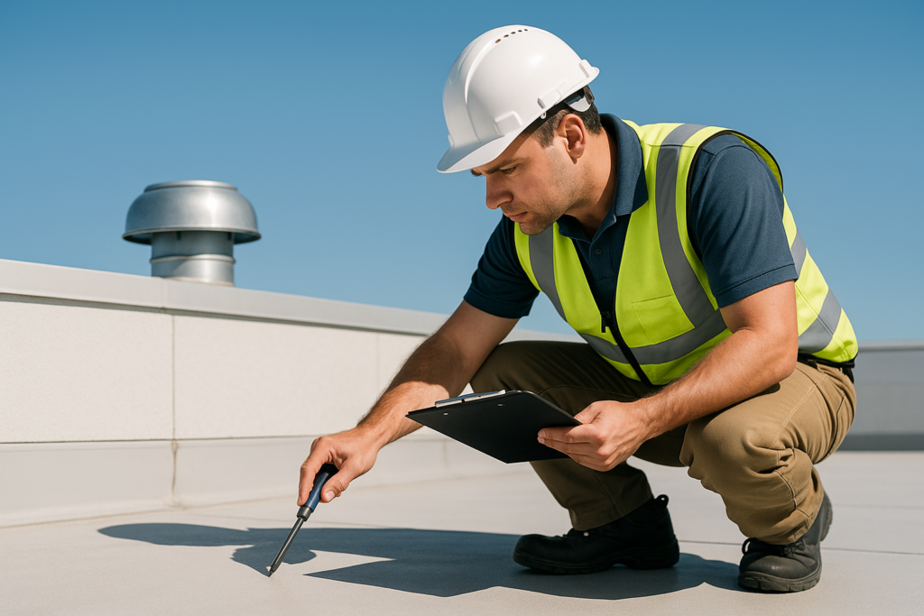 "A roofing technician performing a detailed inspection on a commercial flat roof under a clear blue sky"