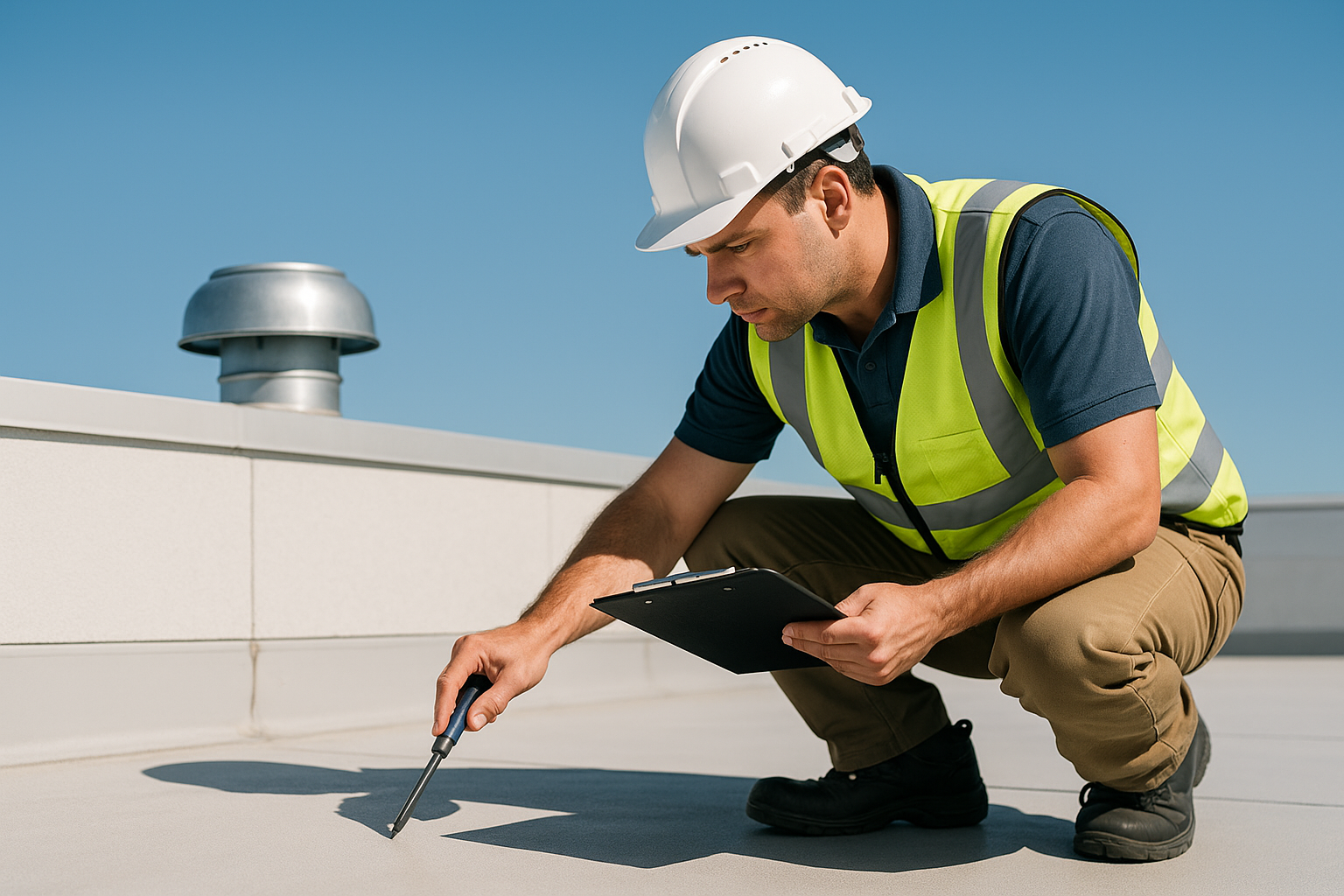 "A roofing technician performing a detailed inspection on a commercial flat roof under a clear blue sky"