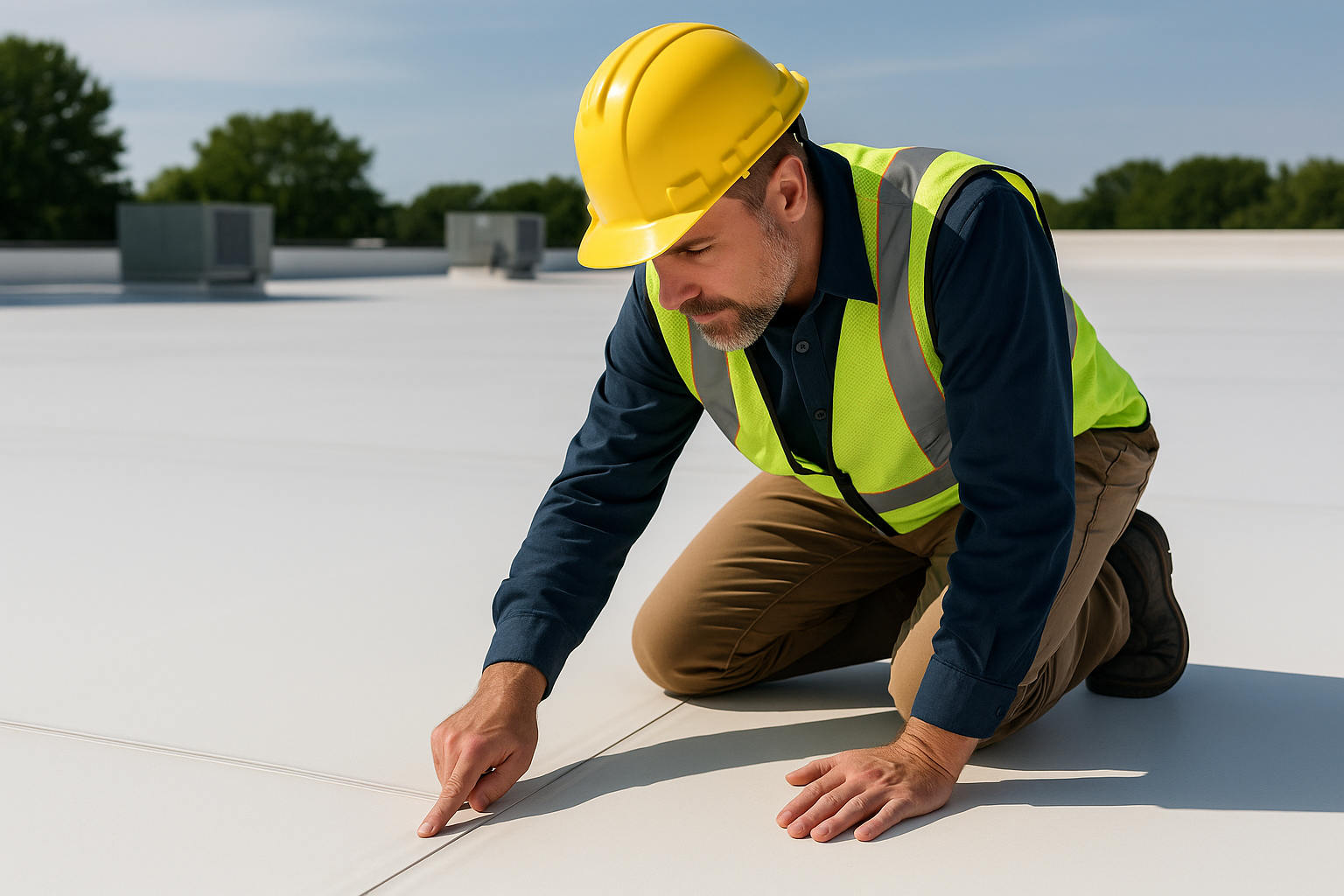 "Close-up of a roofing inspector examining the seams of a TPO roof on a large commercial building"