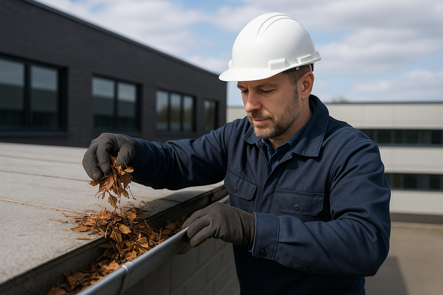 "A maintenance worker removing leaves and debris from a commercial roof gutter system"