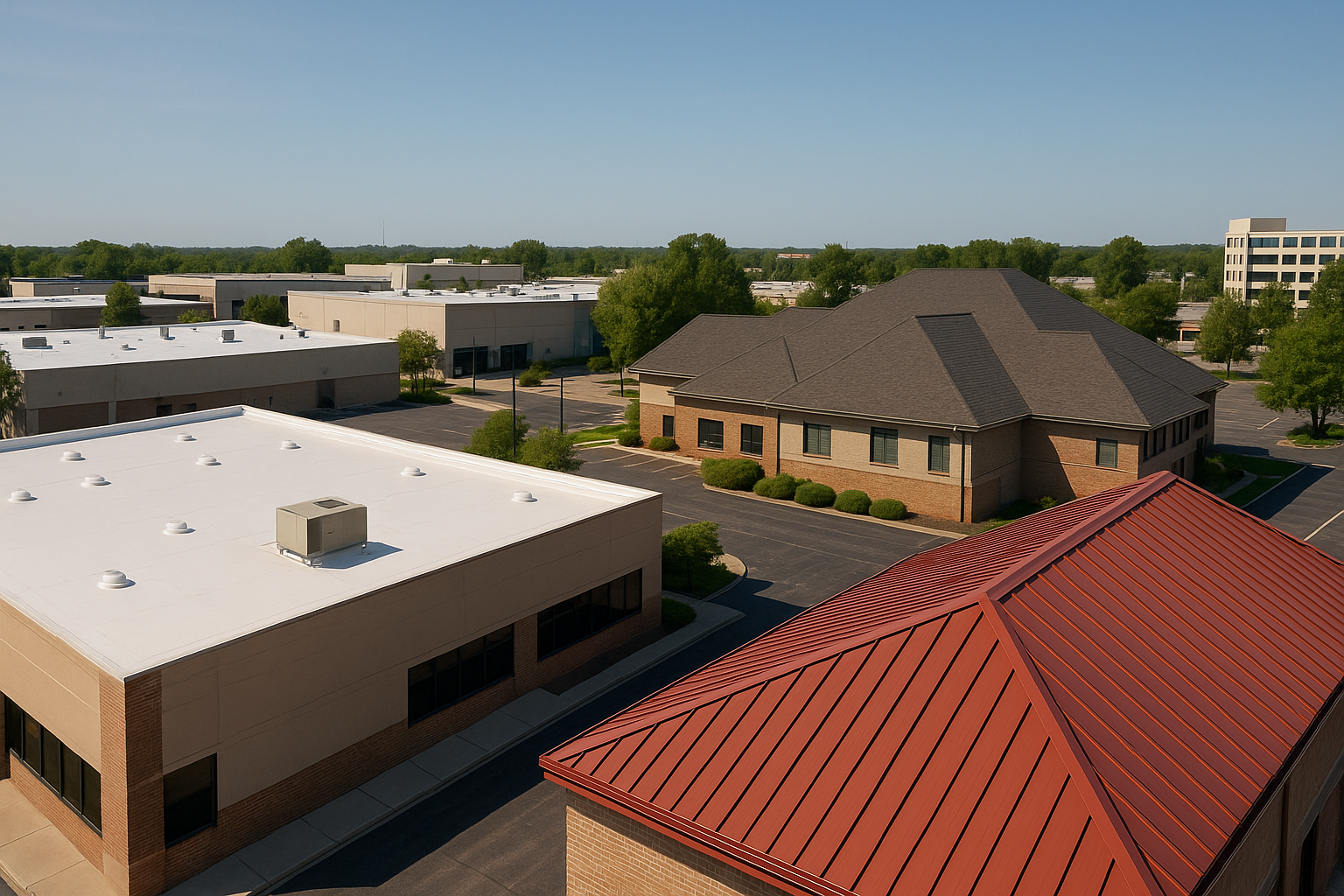 A panoramic view of diverse commercial buildings showcasing different roofing types like TPO, metal, and asphalt on a clear day