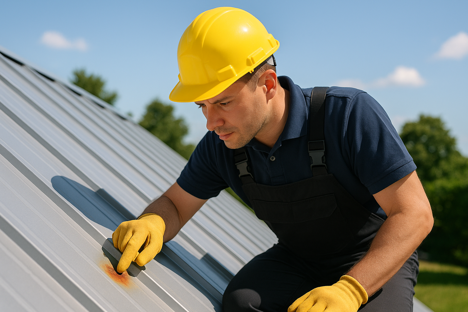 A roofer inspecting a metal roof with a rust spot visible on a sunny day