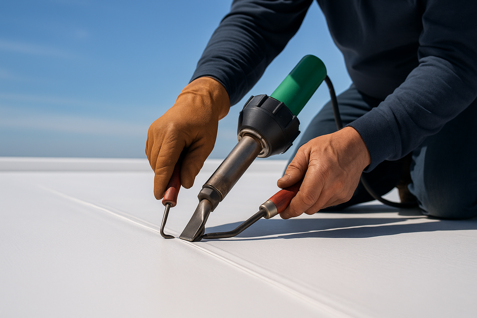 A close-up of a TPO roof being inspected, focusing on the seam welds with a clear sky in the background