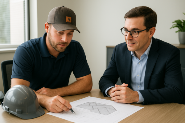 A professional roofer discussing roofing plans with a business owner in an office setting