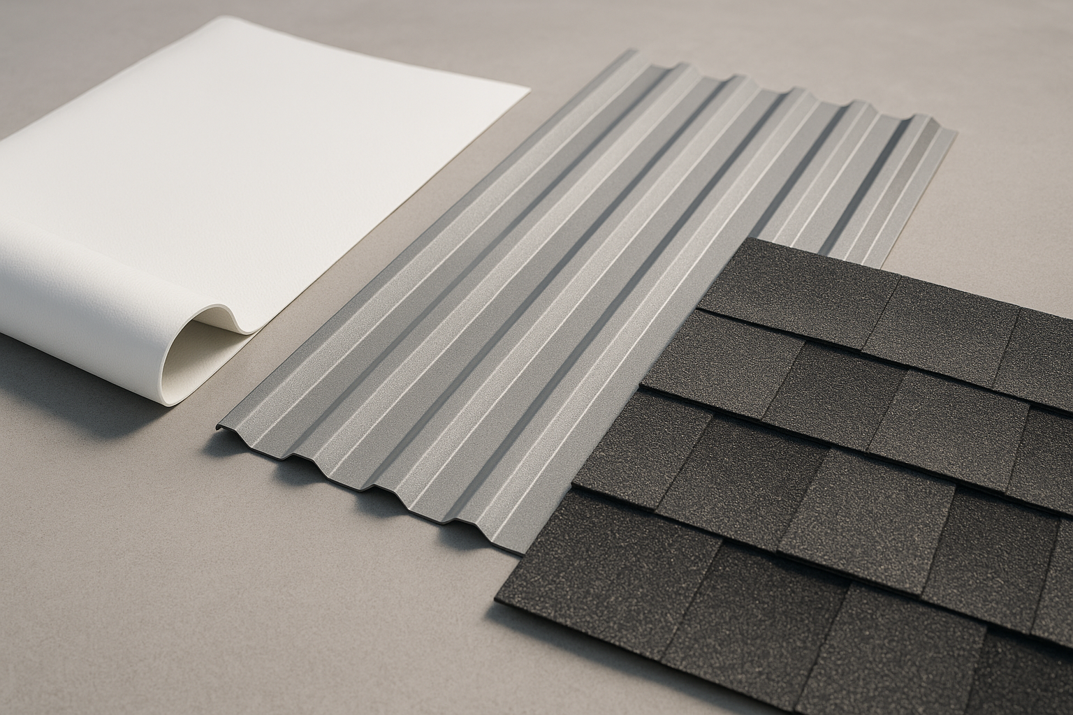 Close-up of different roofing materials like TPO, metal, and asphalt laid out for comparison
