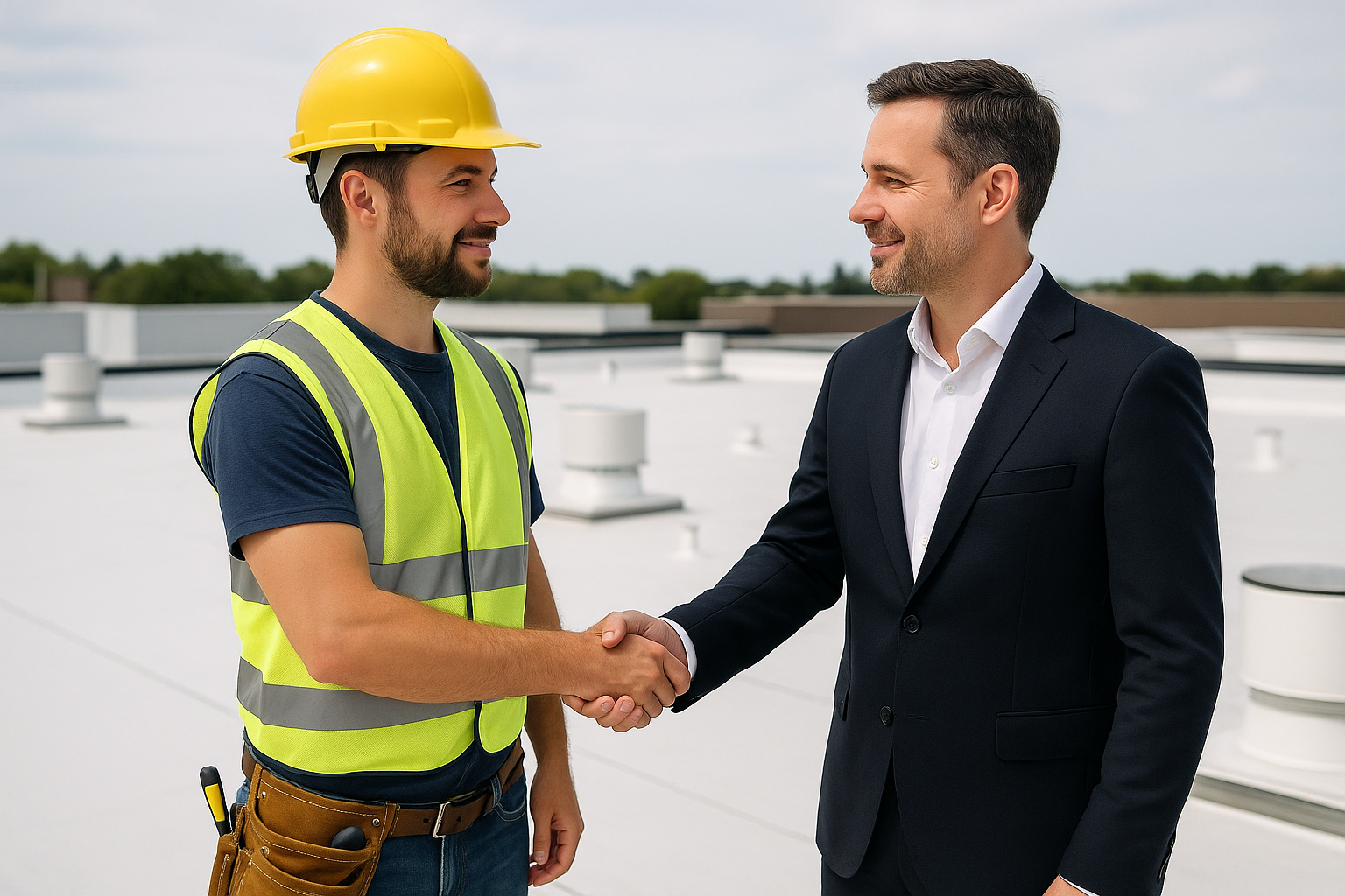 A contractor shaking hands with a business owner in front of a completed commercial roof project