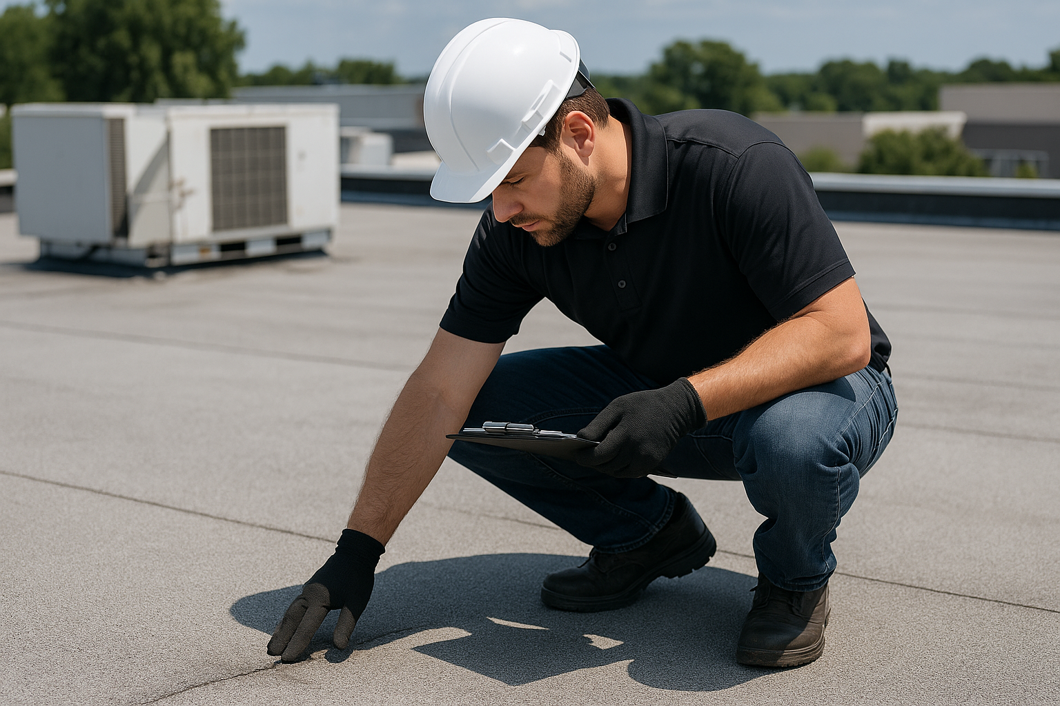 A roofing professional conducting a thorough inspection of a commercial flat roof, checking for signs of wear and tear