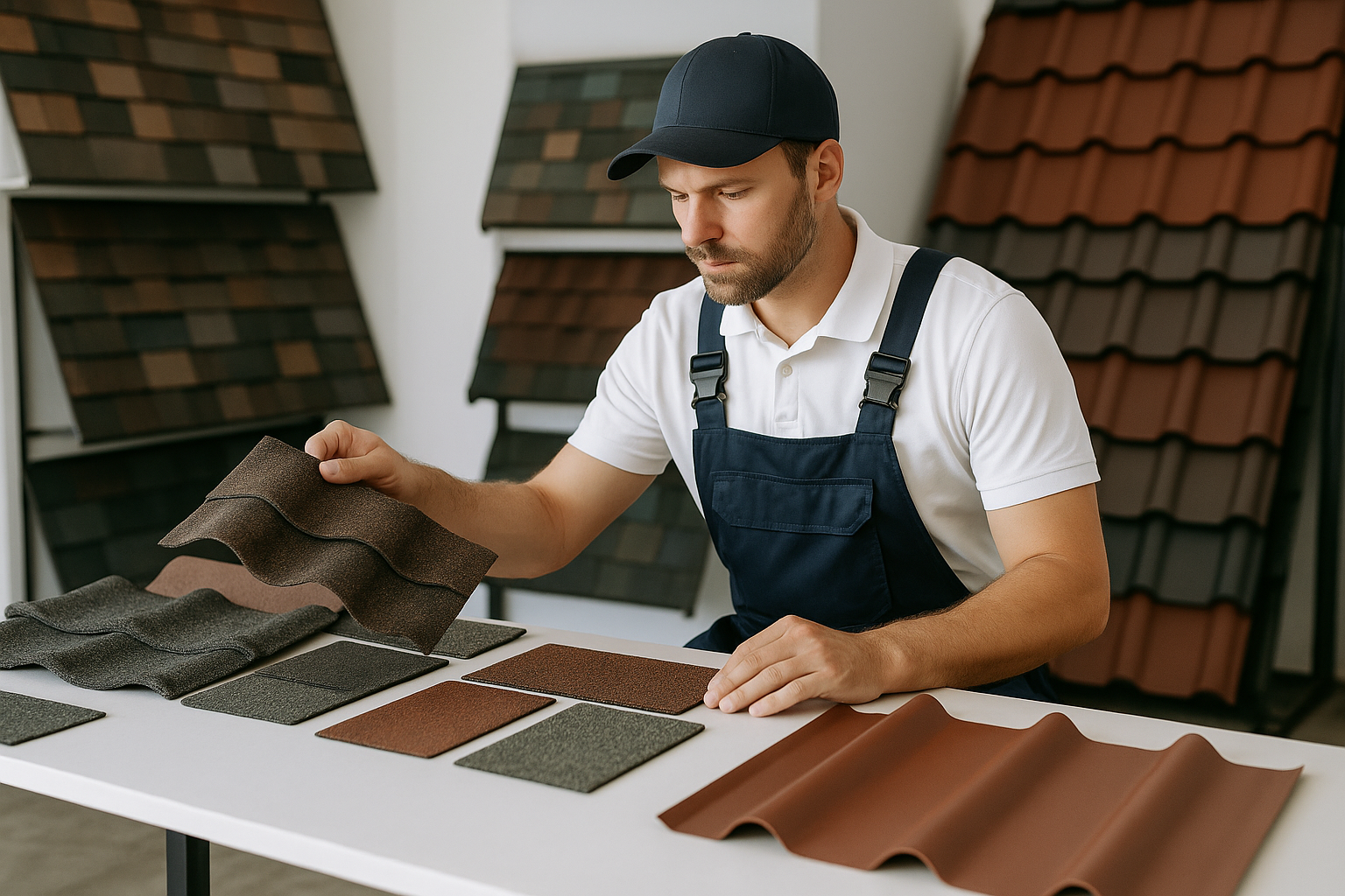 A professional roofer assessing different roofing materials in a showroom, with various samples displayed on a table