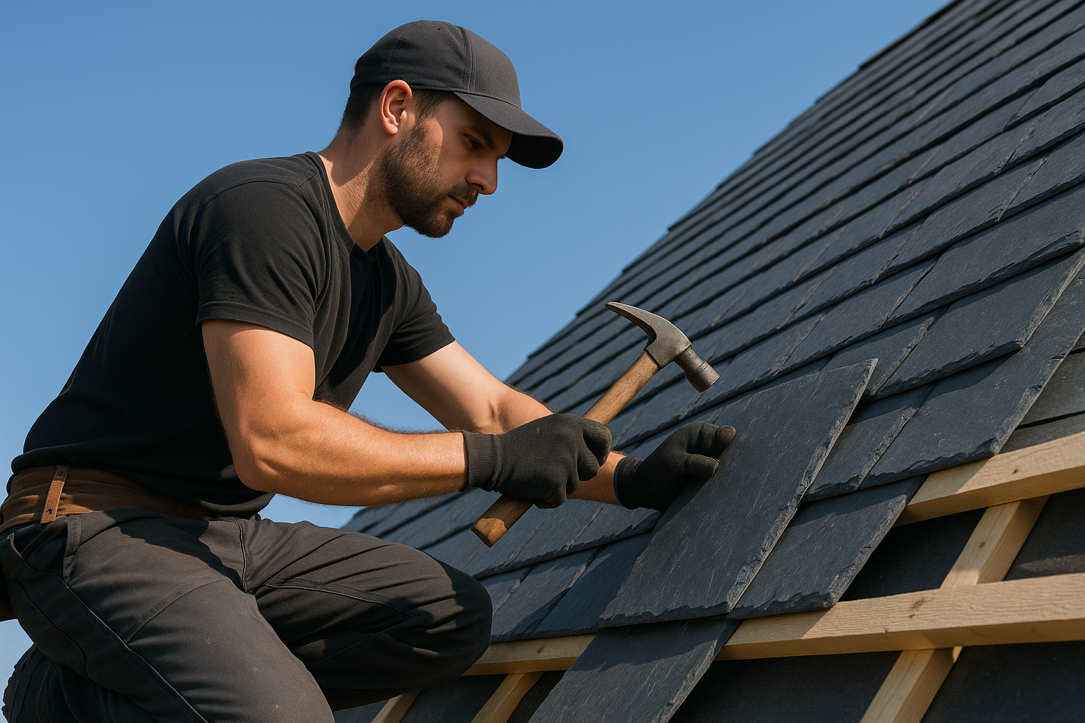 A skilled roofer installing slate tiles on a sloped roof, with clear blue skies in the background