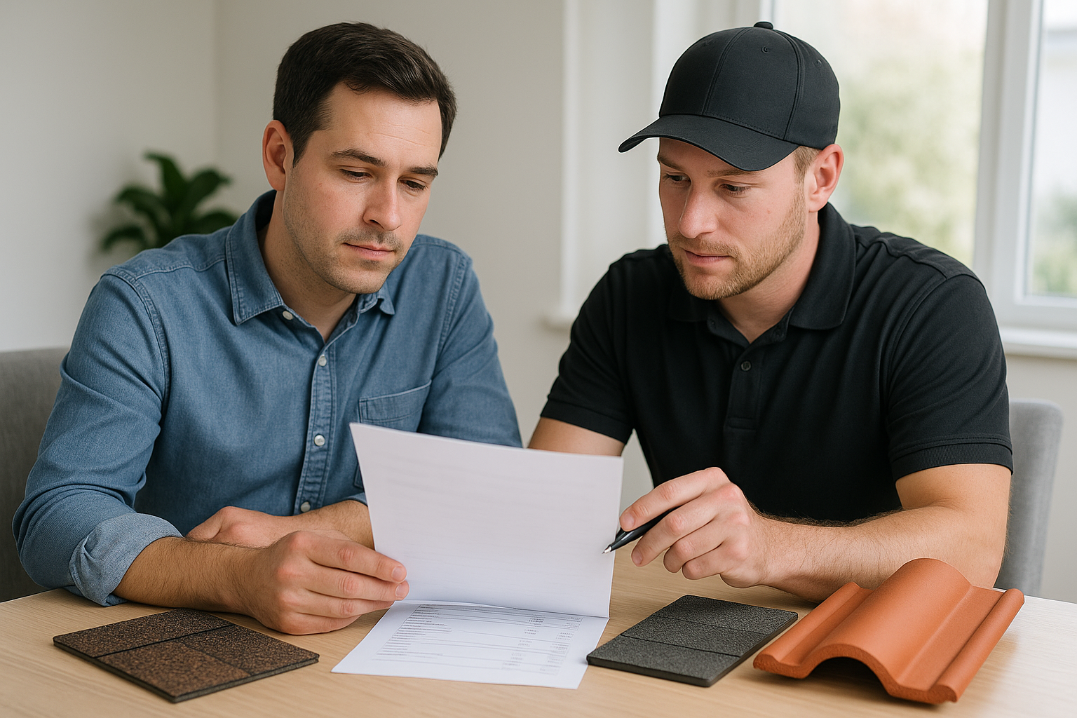 A homeowner reviewing roofing cost estimates with a contractor, with various roofing material samples on the table