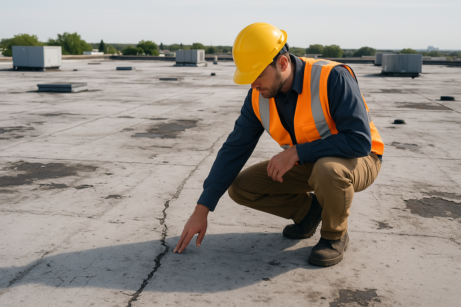 A professional roofer inspecting a large commercial flat roof with visible signs of wear and tear