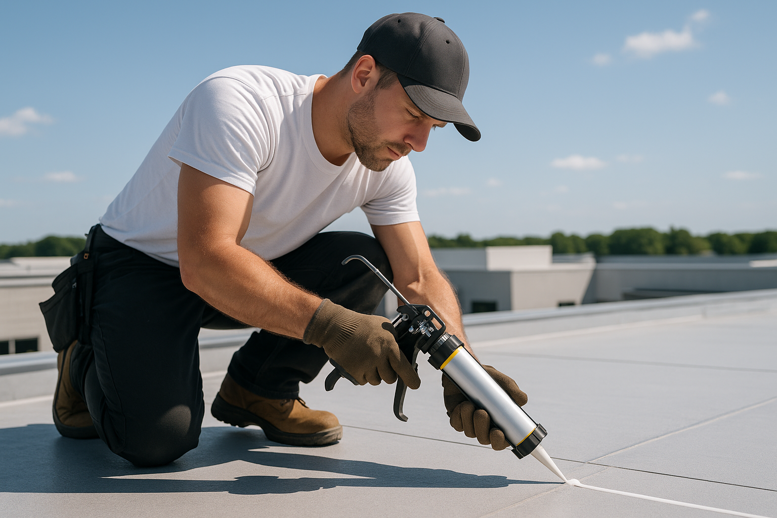 Roofer applying sealant on a flat commercial roof during a sunny day