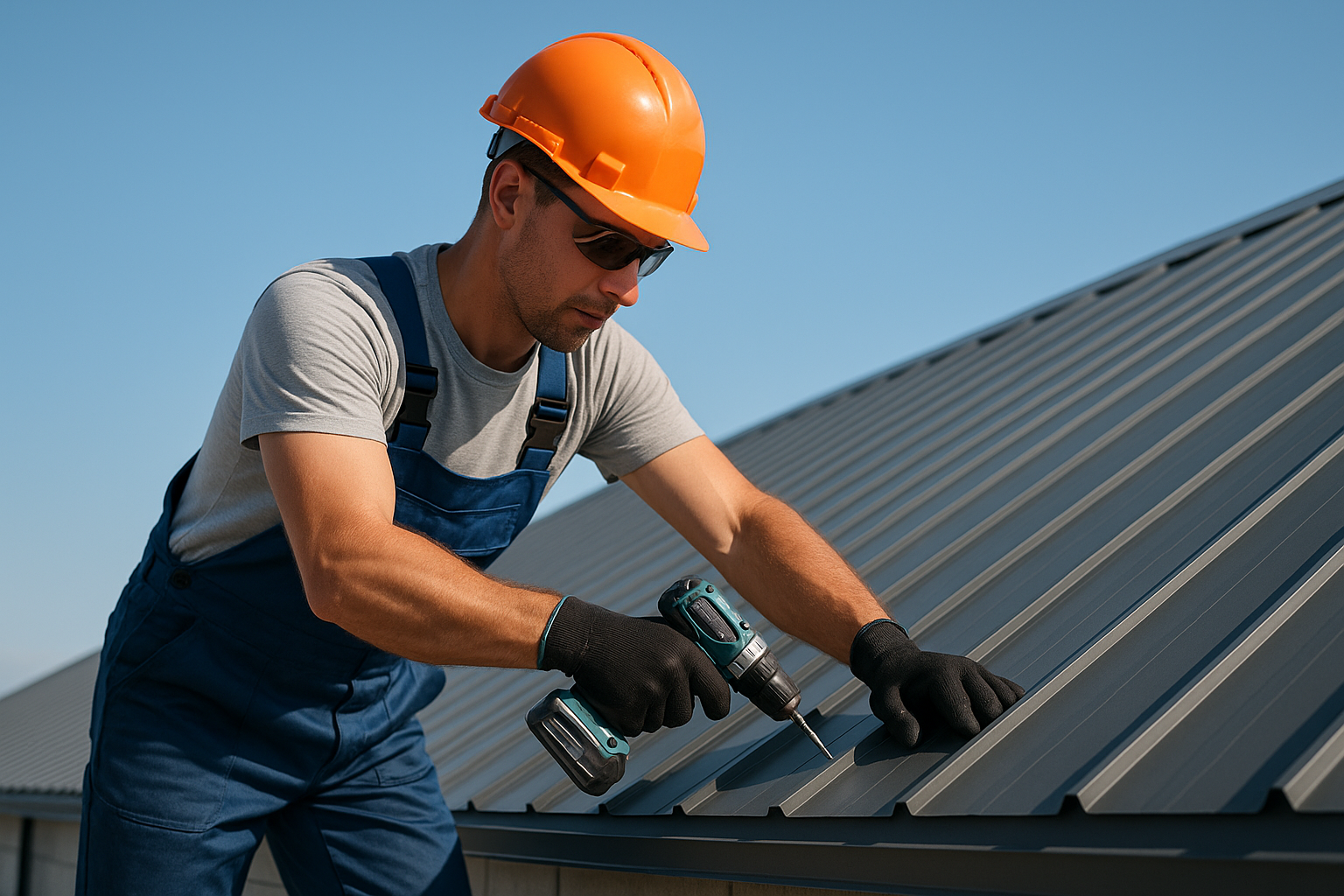 Roofer installing new metal panels on a commercial roof under clear skies